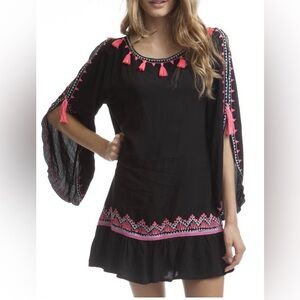 Express Black Textured  Fabric PomPom Trim Boho Beach Dress Tunic Cover Up OS